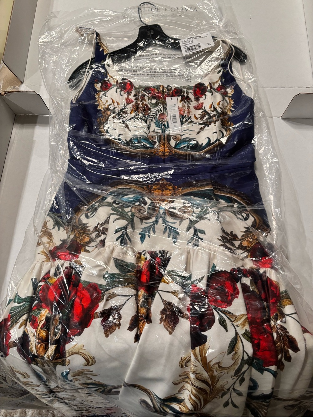 Alice + Olivia Blue, Cream and Red Baroque High-Low Dress - Picture 5 of 6
